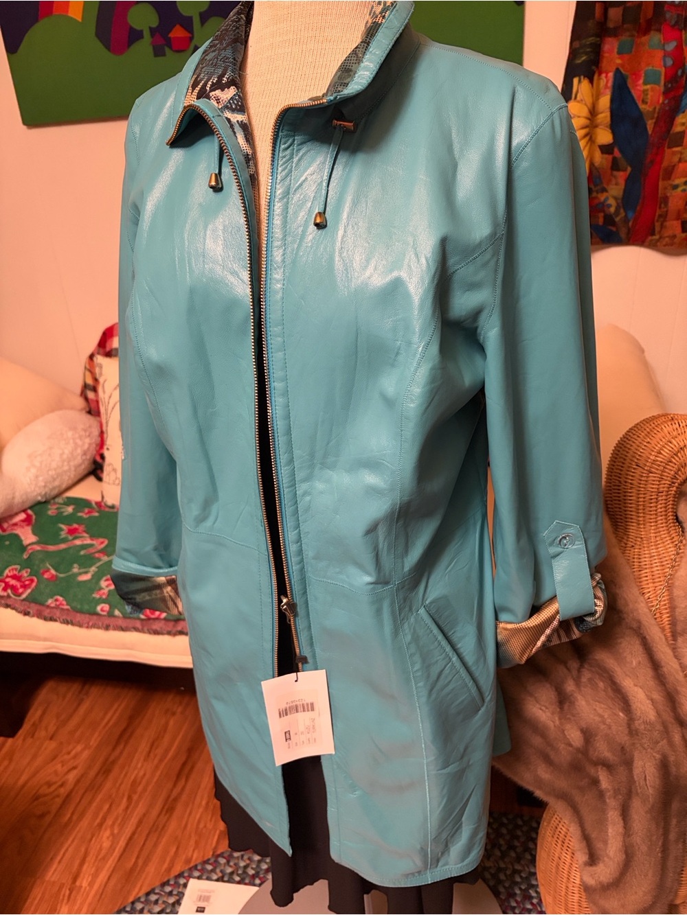 Turquoise Animal Print Reversible Leather Lightweight Jacket - Turkey
